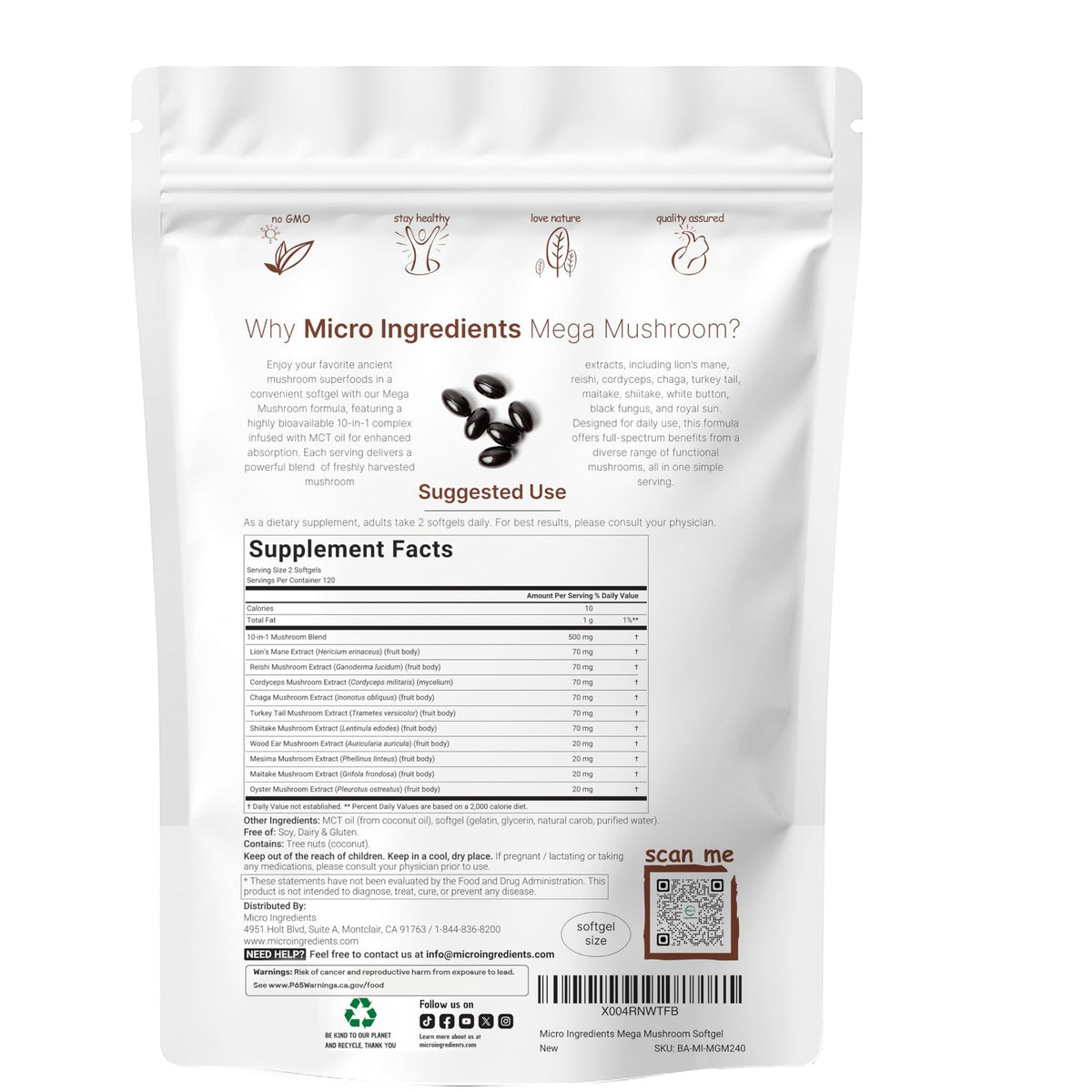 Micro Ingredients 10‑in‑1 Mega Mushroom Complex Supplement – Lions Mane, Cordyceps, Reishi, Chaga & More – 240 Softgels with MCT Oil – 4 Month Supply – Adaptogenic Functional Mushroom Blend