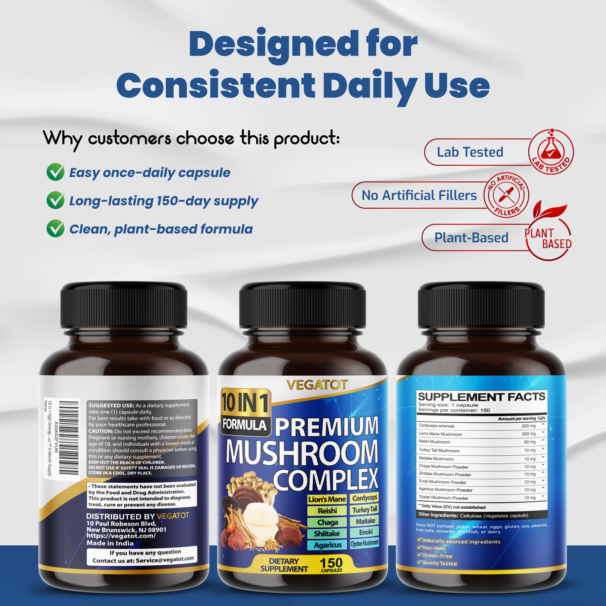 Mushroom Complex Supplement, 10-in-1 Blend with Lion's Mane, Cordyceps, Reishi, Turkey Tail, Chaga, Maitake & Shiitake, Cognitive & Immune Wellness Support*, 150 Capsules, Non-GMO