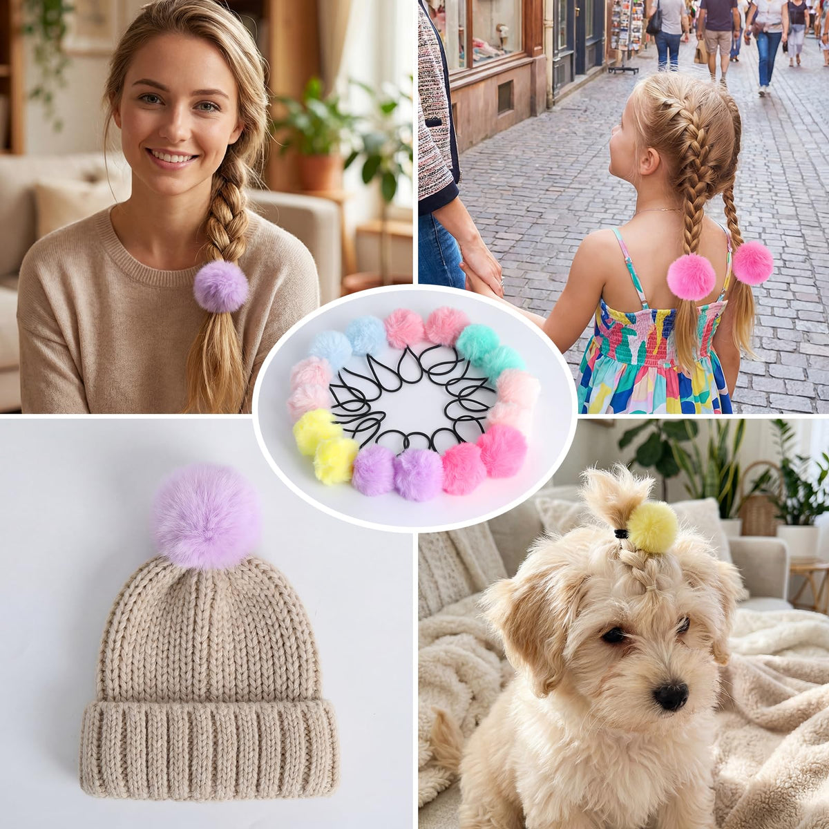 Pom Pom Hair Ties 16 Pcs Hair Ties for Girls Ball Scrunchies Hair Accessories for Women(2 inch,Multi-color)