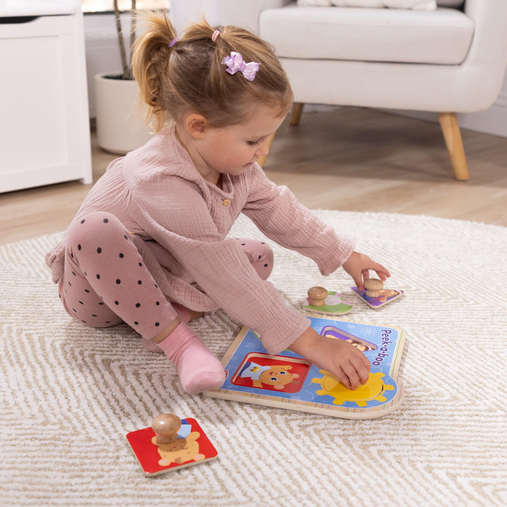 Buy now Melissa & Doug?? Ms. Rachelƒ?› Wooden Peek-a-Boo Jumbo Peg Puzzle, 4-Piece with Mirror, Toddler Toys for Boys and Girls Ages 1+ Years at indiglob india