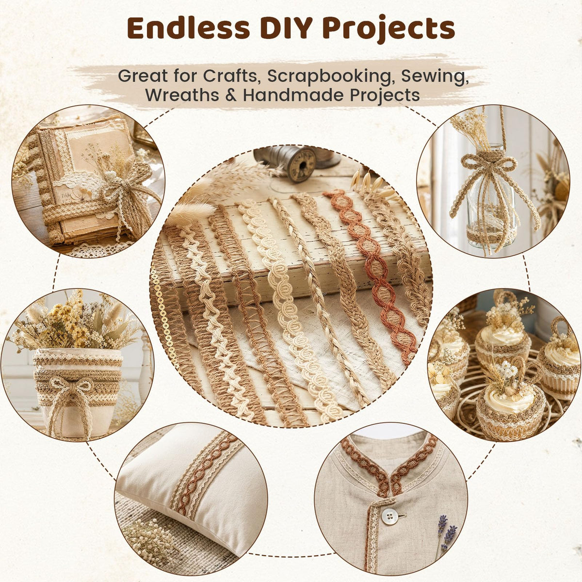 VGOODALL 9Rolls Jute Ribbons Lace Craft Ribbon, 18Meters Rustic Burlap Trim
