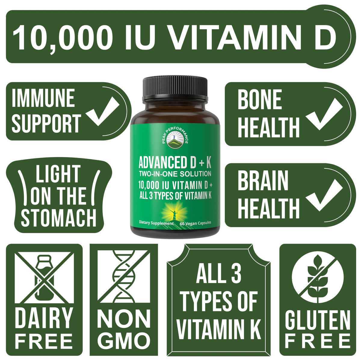 Peak Performance Advanced Vitamin D 10000 IU with All 3 Types of Vitamin K
