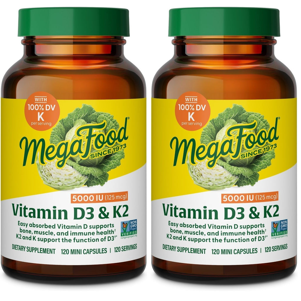 MegaFood Vitamin D3 & K2 5000 IU (125 mcg), 60 Mini Capsules | Supports Bone, Teeth, Muscle & Immune Health, Vitamin K2 & K Support the Function of D3, Non-GMO, Vegetarian, 60 Servings