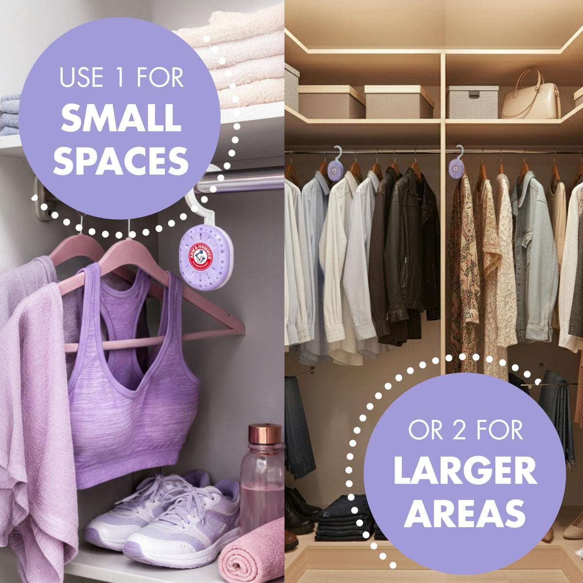 Arm & Hammer OdorBusterz ClosetMATE™, Lavender, 4 Count – Hanging Odor Absorber with Baking Soda, 360° Rotating Hook for Closets, Lockers & Storage Areas