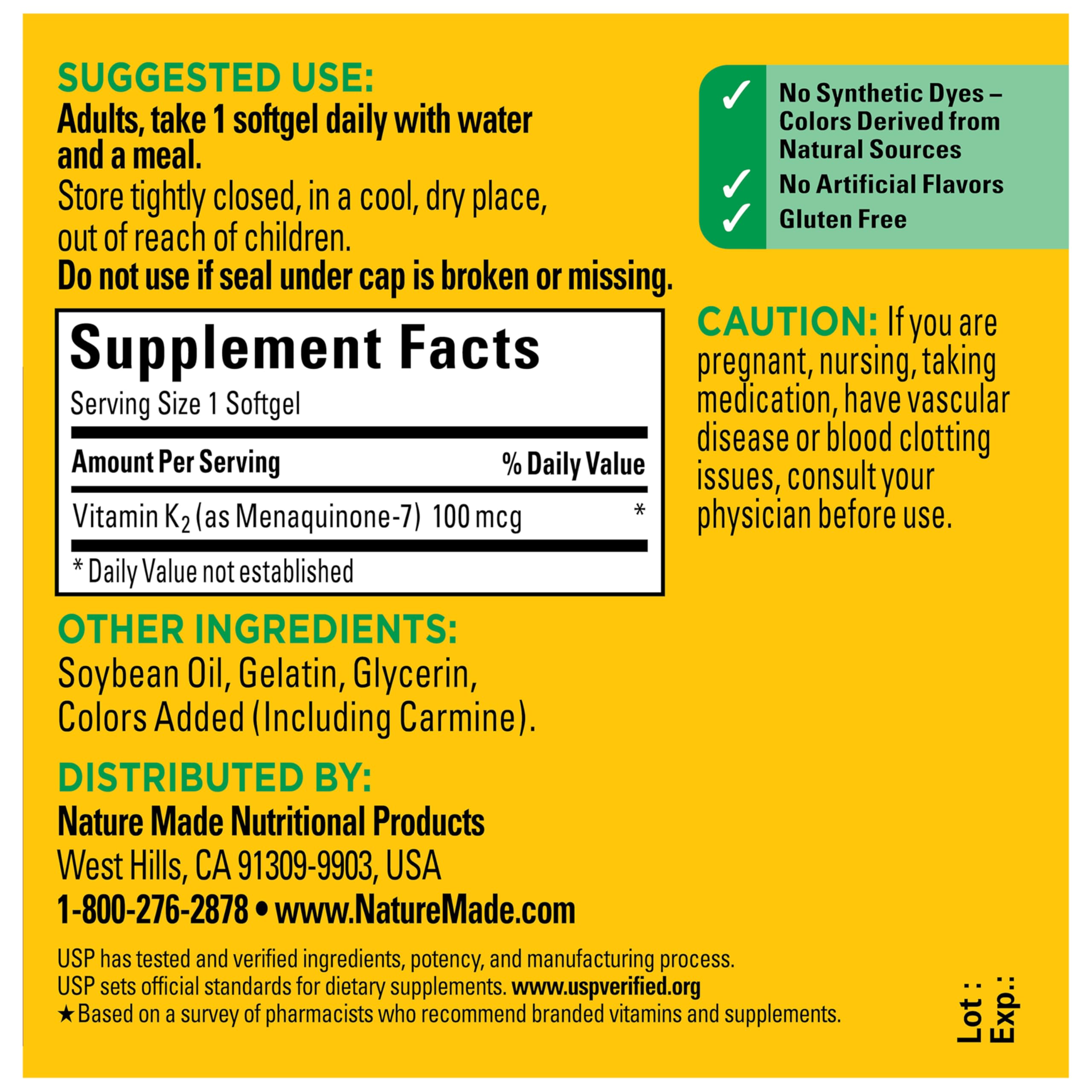 Nature Made Vitamin K2 100 mcg, 30 Softgels | Vitamin K2 Supplement, Vitamin K2 MK7 Form to Help Support Healthy Bones, USP Verified, 30 Day Supply