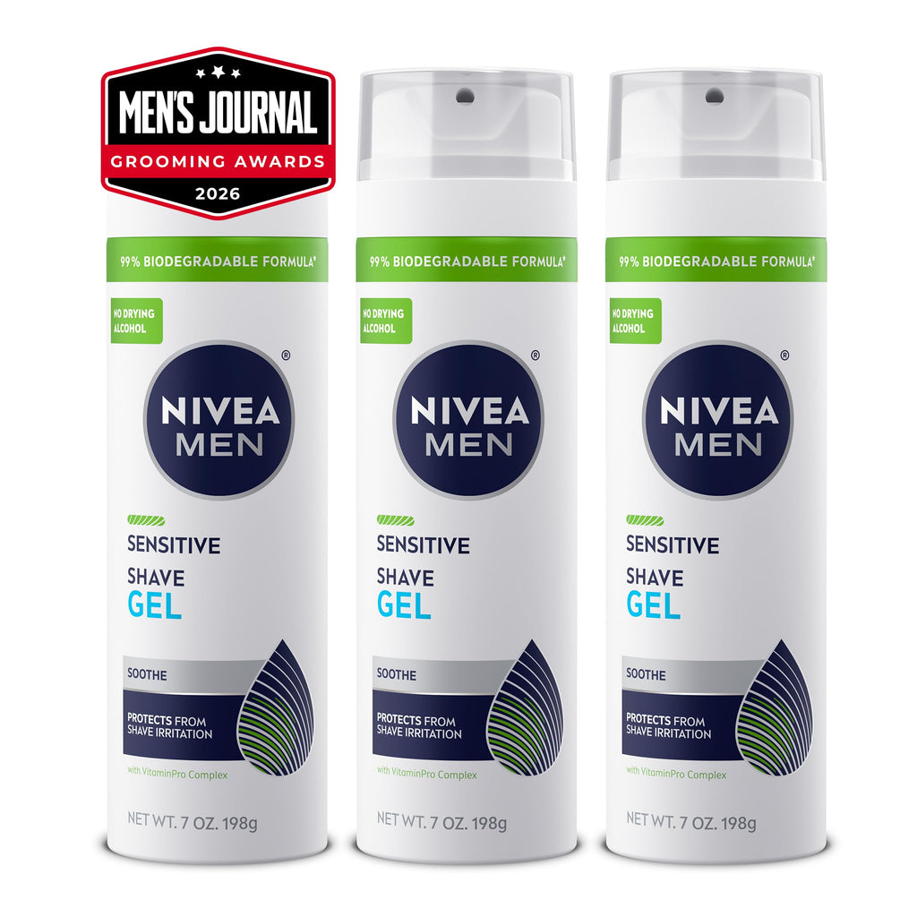 NIVEA MEN Sensitive Shave Gel, No Drying Alcohol, Mulitpack, 3 x 7 OZ | Shaving Gel for Men with Sensitive Skin, Enriched with VitaminPro Complex, No Drying Alcohol, Dermatologically Tested