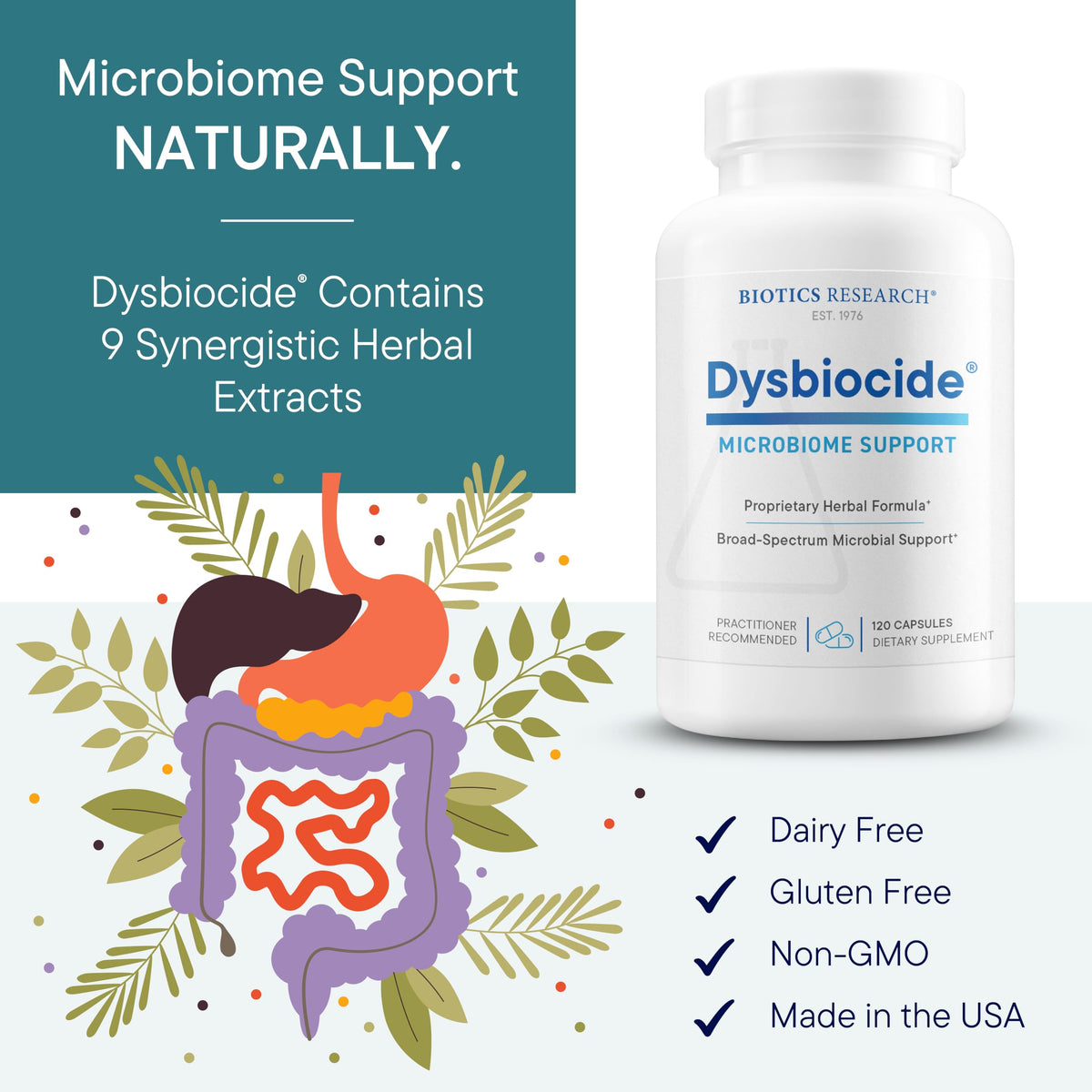 BIOTICS RESEARCH Dysbiocide Synergistic Botanical Blend Gut Health 120 Caps