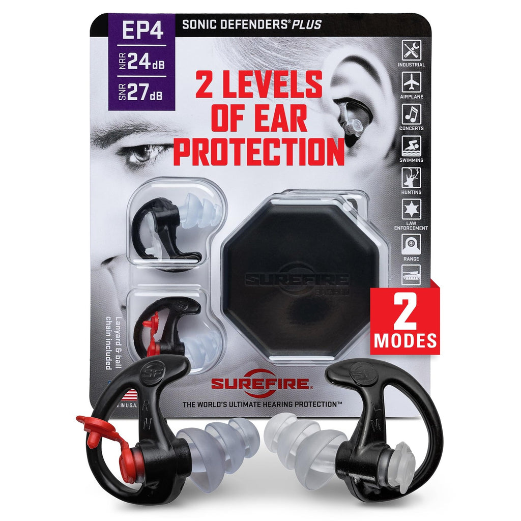 SureFire EP4 Sonic Defenders Plus Filtered Earplugs, Triple flanged Design, Reusable, Black, Medium