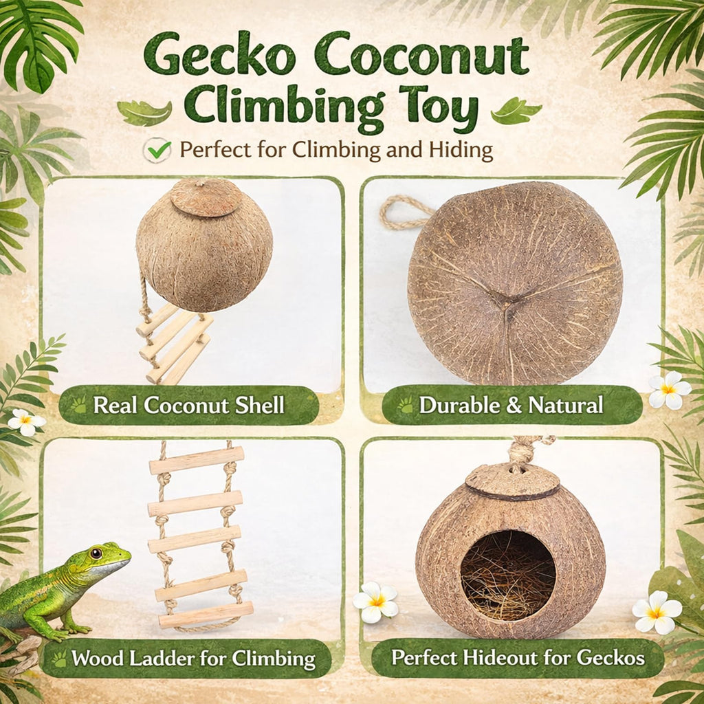 HERCOCCI Crested Gecko Tank Accessories, Reptile Hanging Plants Vines with Natural Coconut Shell Hideout & Climbing Ladder Decor for Hermit Crab Lizard Leopard Gecko Chameleon Snake Terrarium Decor