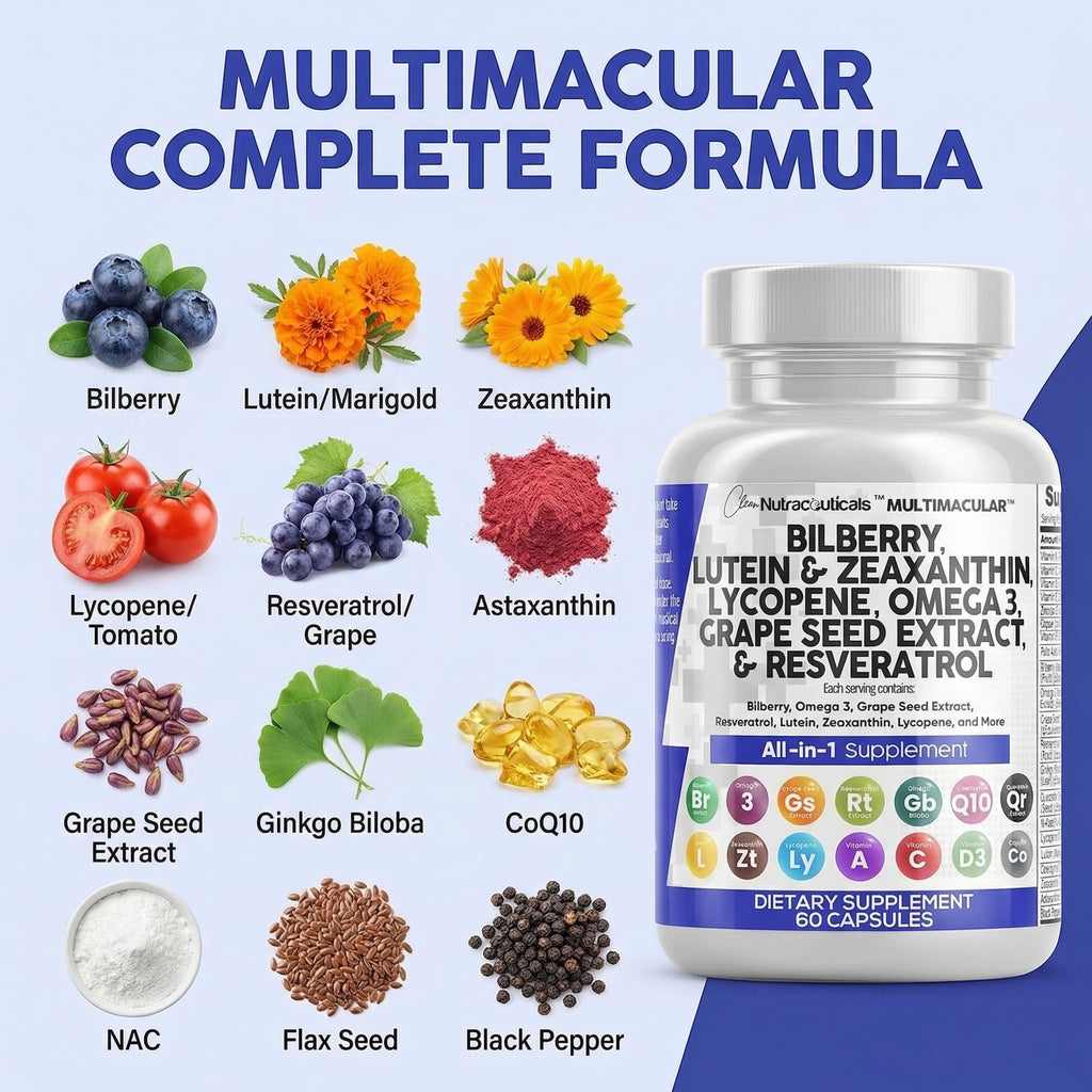 Clean Nutra Eye Vitamins with Bilberry Lutein and Zeaxanthin Supplements Lycopene 40mg Resveratrol Grape Seed Astaxanthin for Eyes - Eye Care Health Support Eye Vitamin and Mineral Supplement