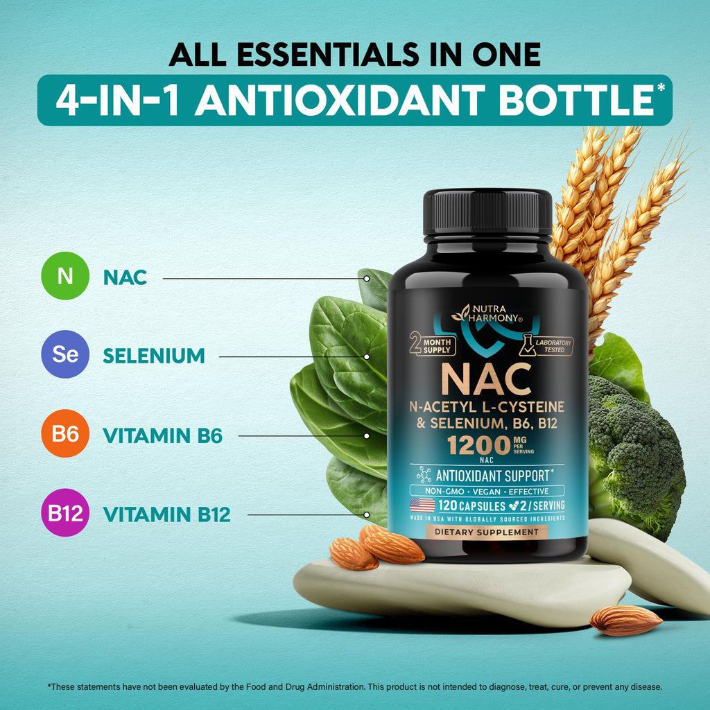NAC Supplement with Selenium, B6 & B12 - NAC 1200 mg - Lab Tested, 120 Caps | N Acetyl Cysteine 600 mg/caps, 1200 mg/serving - Antioxidant & Immune Support - Non-GMO, Gluten-Free, Vegan - 60-Day Supply