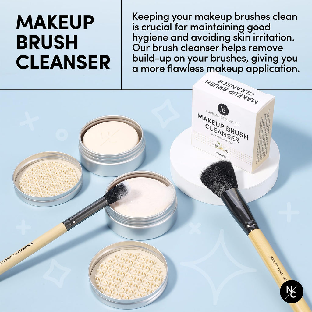Narrative Cosmetics Makeup Brush Cleaner Soap with Silicone Scrubber Pad | Solid Cleanser for Brushes & Beauty Blenders | Vegan, Cruelty-Free, Avocado Jojoba Argan Oil, Vanilla Scent, 2.45 Oz