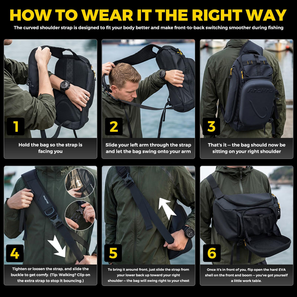Fishing Sling Pack, EVA Hardshell with Foldable Workstation, Water-Resistant Convertible Front/Back Tackle Bag for 2×3600 Trays, Saltwater Freshwater Crossbody