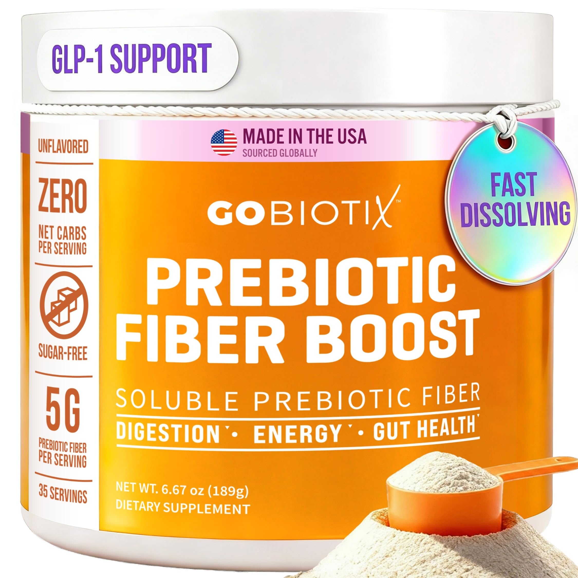 GoBiotix Fiber Supplement Powder with Prebiotics for Digestive Health and GLP-1 Support, Soluble Fiber for Gut Health & Debloat, Keto, Vegan, Gluten & Sugar Free, 20 Servings (Travel)