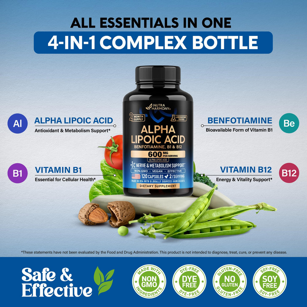 Alpha Lipoic Acid 600mg - ALA Supplement + Benfotiamine B1 & B12 - 120 Caps | Alpha Lipoic Acid - Antioxidant, Nerve, Energy & Metabolism Support for Men & Women - Lab Tested, NON-GMO, Vegan