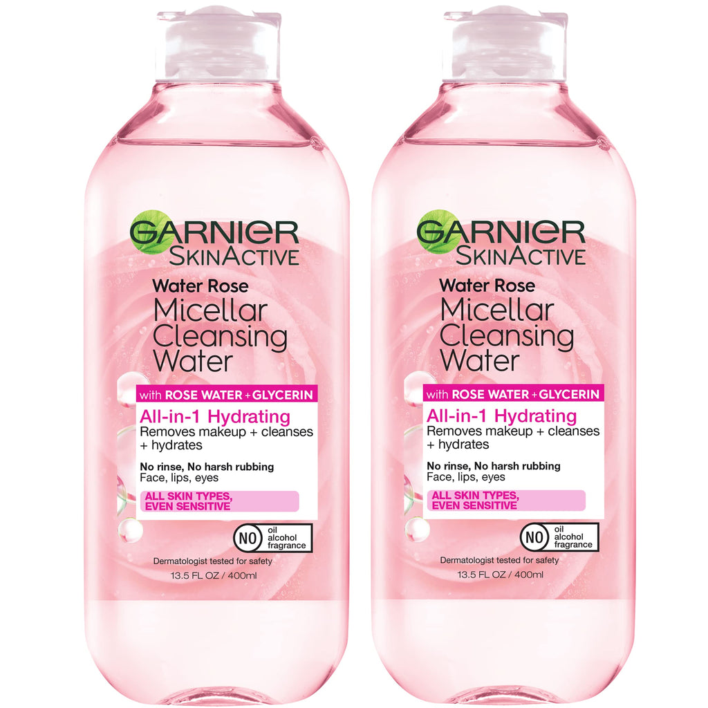 Garnier Micellar Water with Rose Water and Glycerin, Hydrating Facial Cleanser & Makeup Remover, For All Skin Types, Vegan, Cruelty Free, 13.5 Fl Oz (400mL), 1 Count