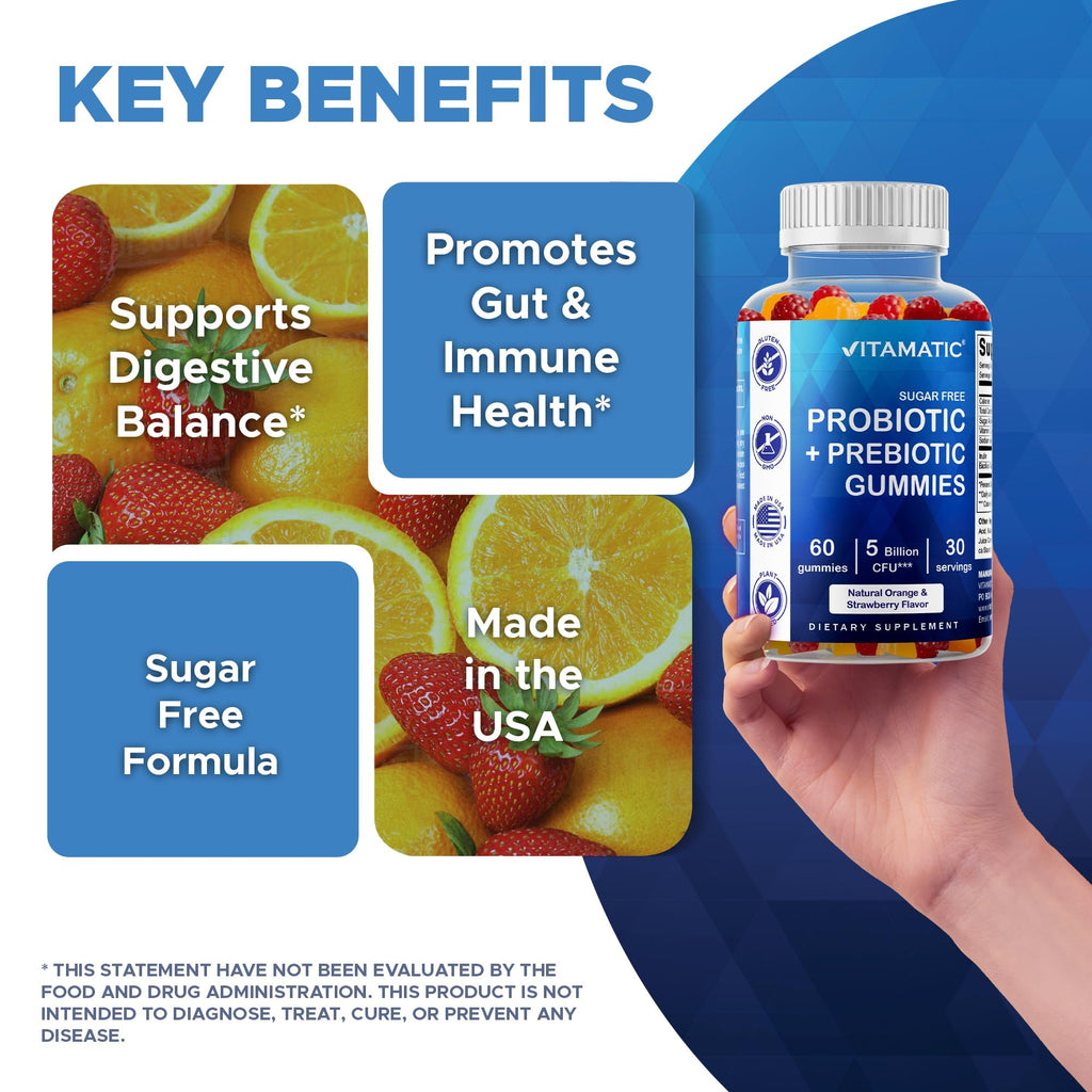 Vitamatic Sugar Free Probiotic + Prebiotic Gummies, 60 Count | 5 Billion CFU Bacillus Coagulans per serving, Support Digestive Health and Gut Flora Balance*, Non-GMO, Made in USA