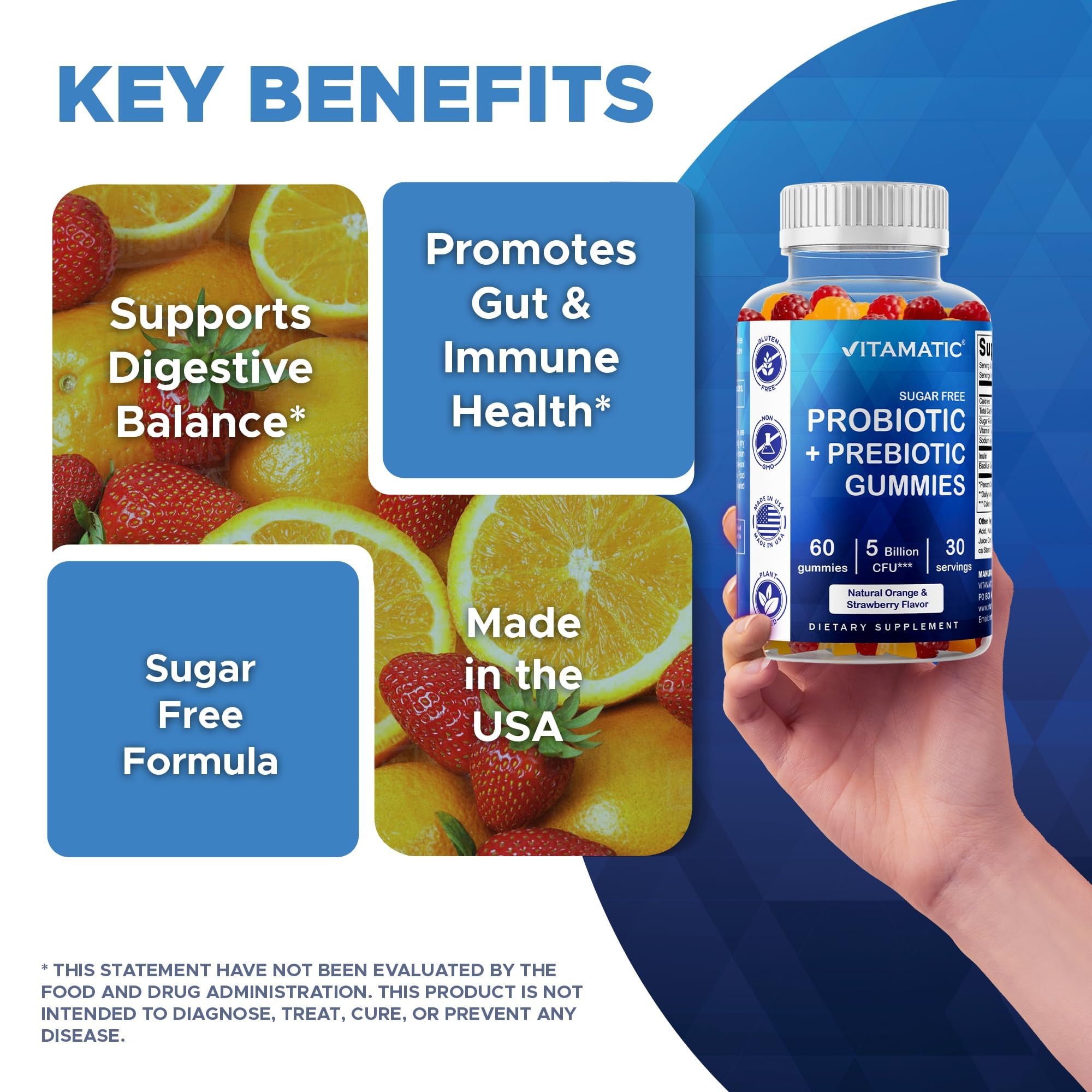 Vitamatic Sugar Free Probiotic + Prebiotic Gummies, 60 Count | 5 Billion CFU Bacillus Coagulans per serving, Support Digestive Health and Gut Flora Balance*, Non-GMO, Made in USA