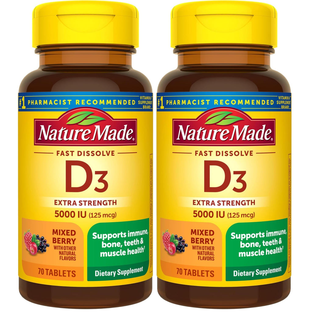 Nature Made Vitamin D3 5000 IU (125 mcg), 70 Fast Dissolve Tablets | Sugar Free, Extra Strength, Vitamin D Supplement for Immune Bone, Teeth and Muscle Health Support, 70 Day Supply