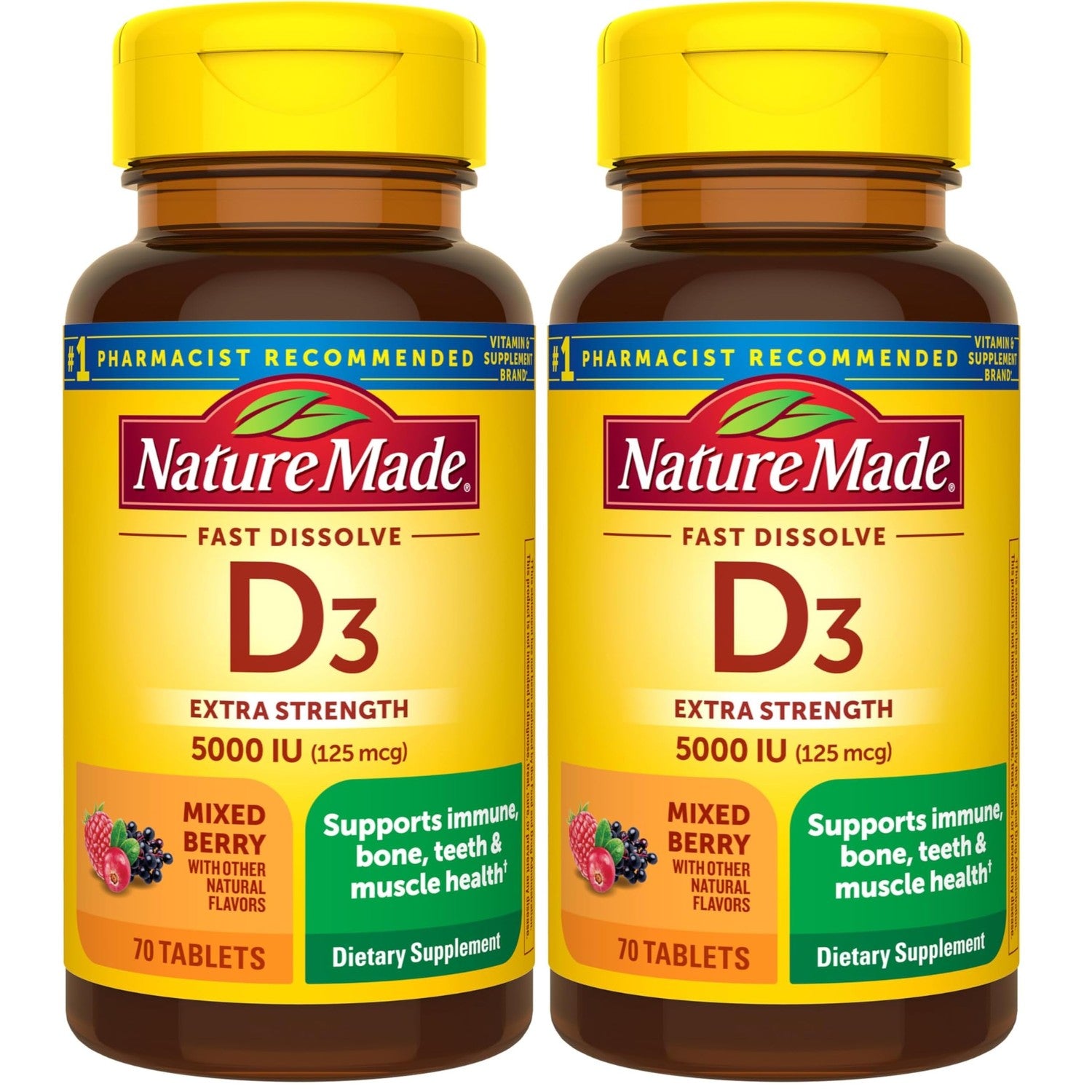 Nature Made Vitamin D3 5000 IU (125 mcg), 70 Fast Dissolve Tablets | Sugar Free, Extra Strength, Vitamin D Supplement for Immune Bone, Teeth and Muscle Health Support, 70 Day Supply