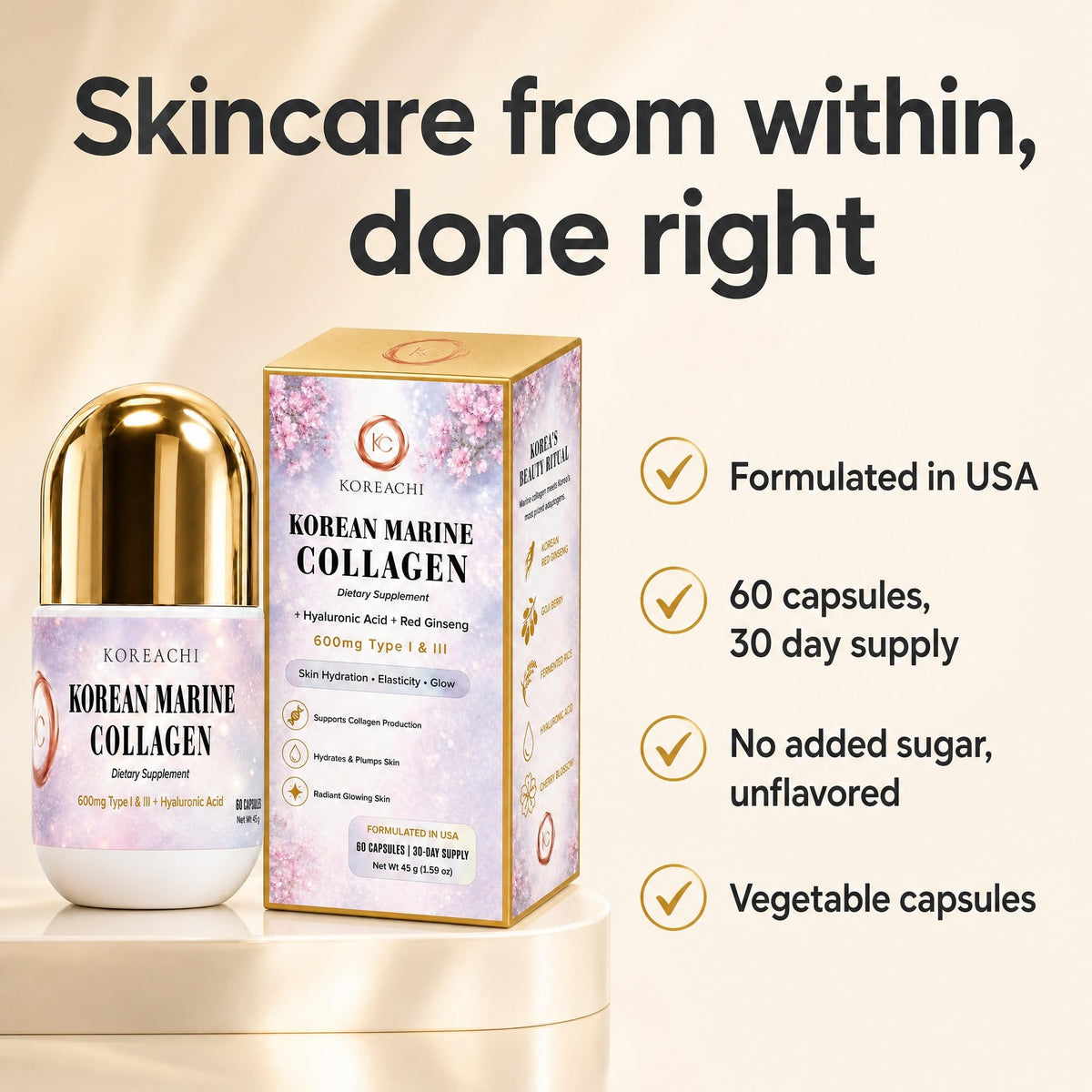 Korean Marine Hydrolyzed Collagen Peptides Capsules, 600mg Type I & III Collagen with Hyaluronic Acid, Vitamin C & Red Ginseng, Collagen Pills for Women, Skin Hydration, Elasticity & Glow - 30 Days