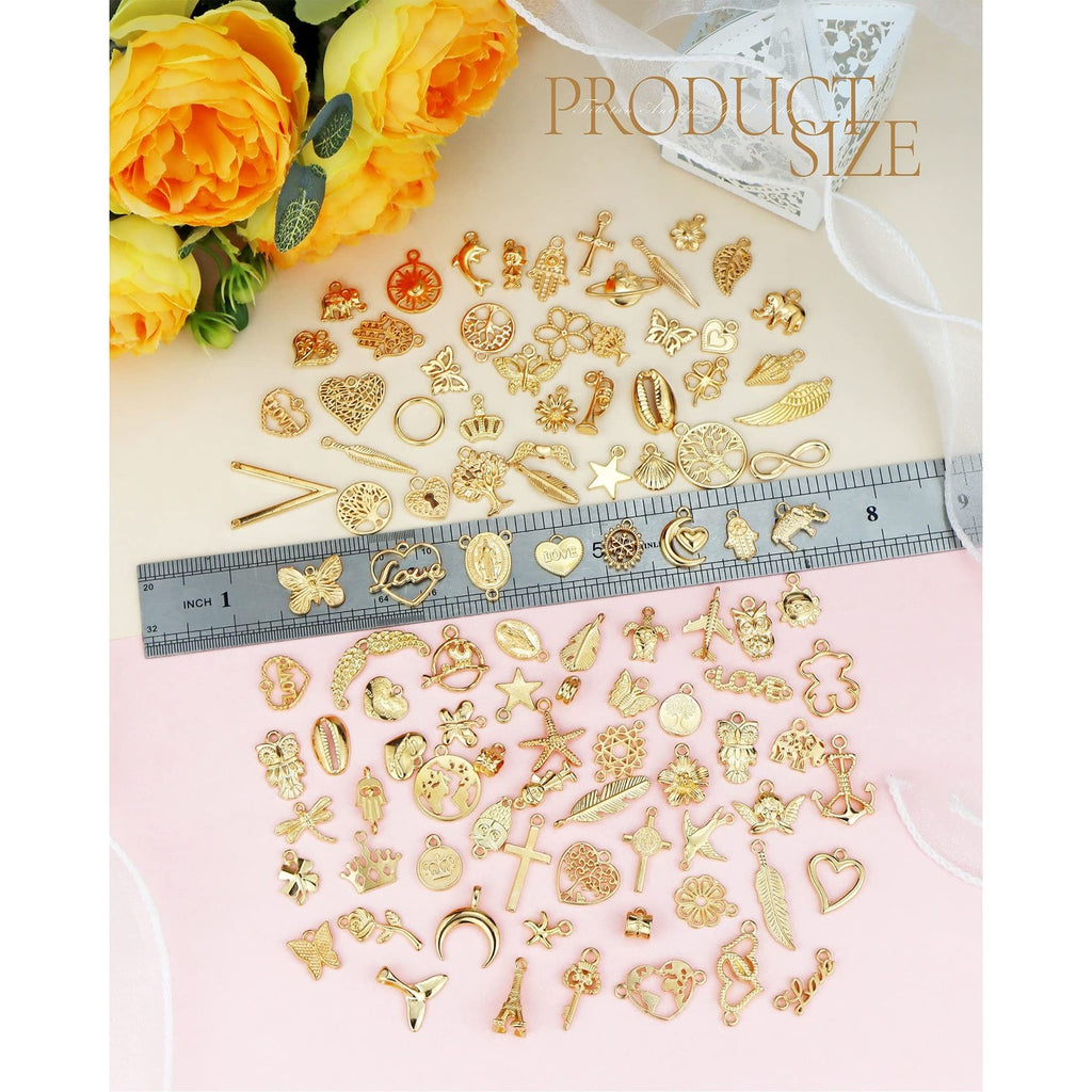 100 Pcs Wholesale Bulk Lots Jewelry Making Charms, Mixed Golden KC Gold Alloy Charms Pendants for Necklace Bracelet Jewelry Making and Crafting supplies