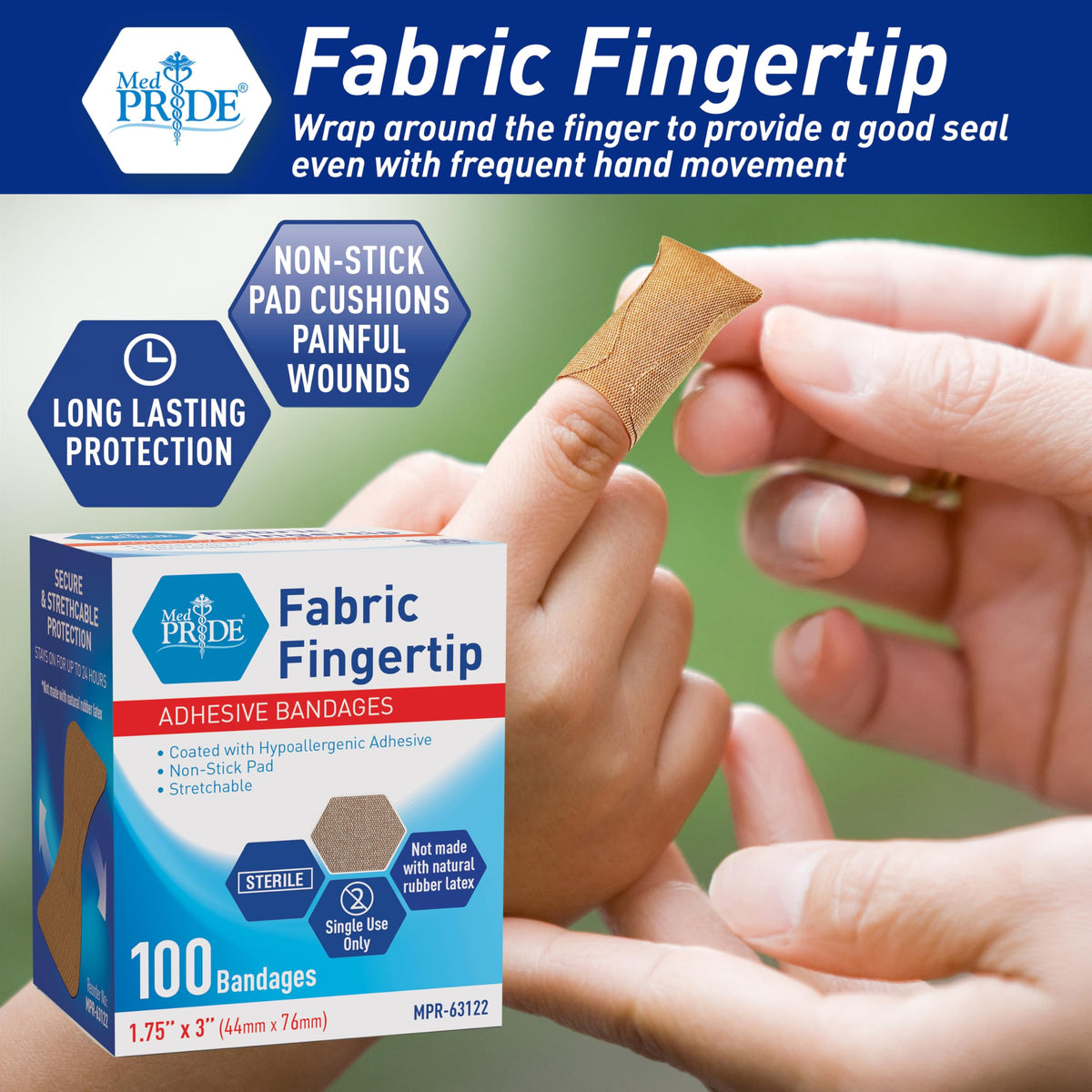 MED PRIDE Sterile Fingertip Fabric Bandages,Hypoallergenic,1.75x3 in,100-Ct