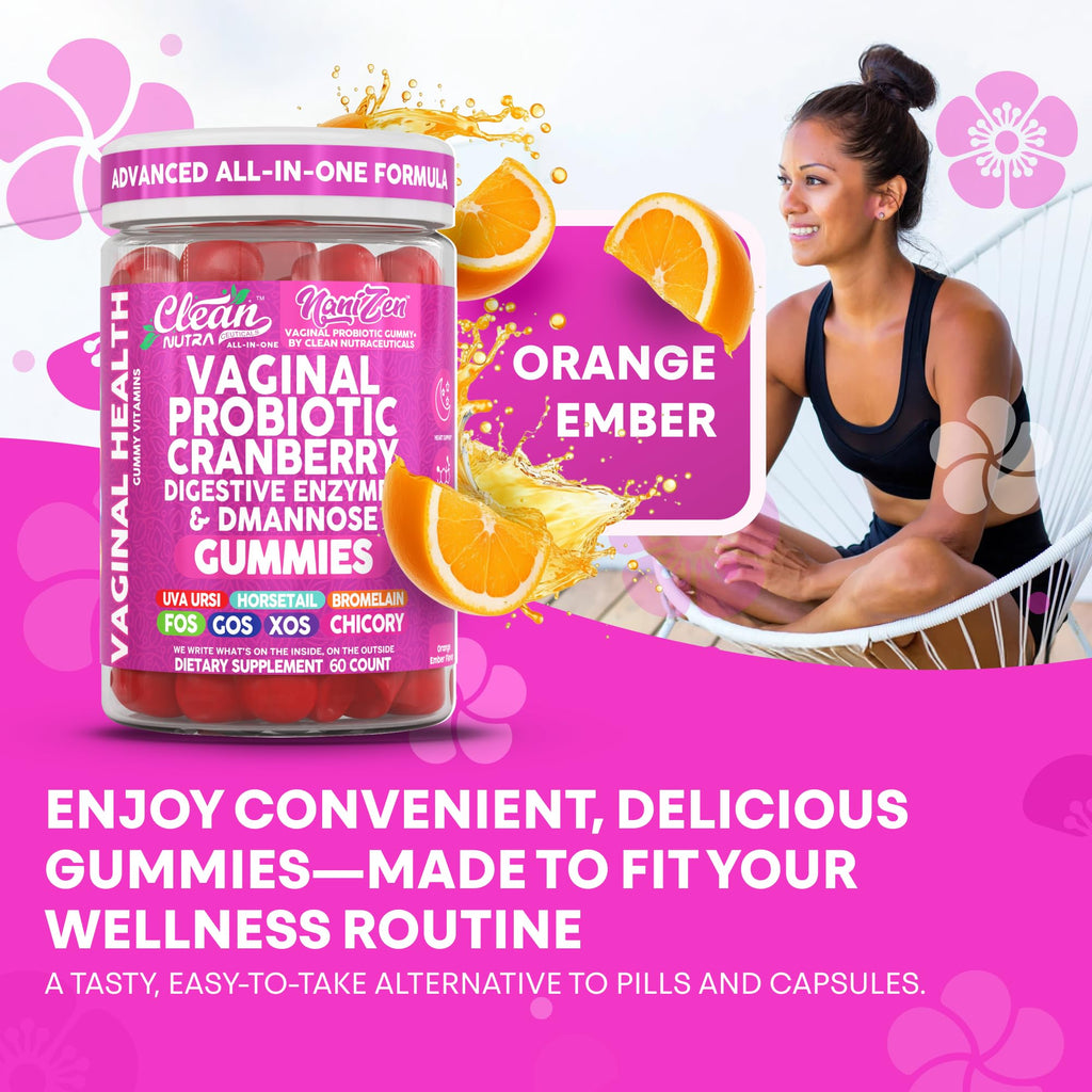 Clean Nutra Vaginal Probiotic Gummies for Women Cranberry Digestive Enzymes D Mannose Womens Probiotic Dmannose Horsetail Bromelain Chicory Fiber Feminine Care Prebiotics Inulin Papaya Enzyme Gummy