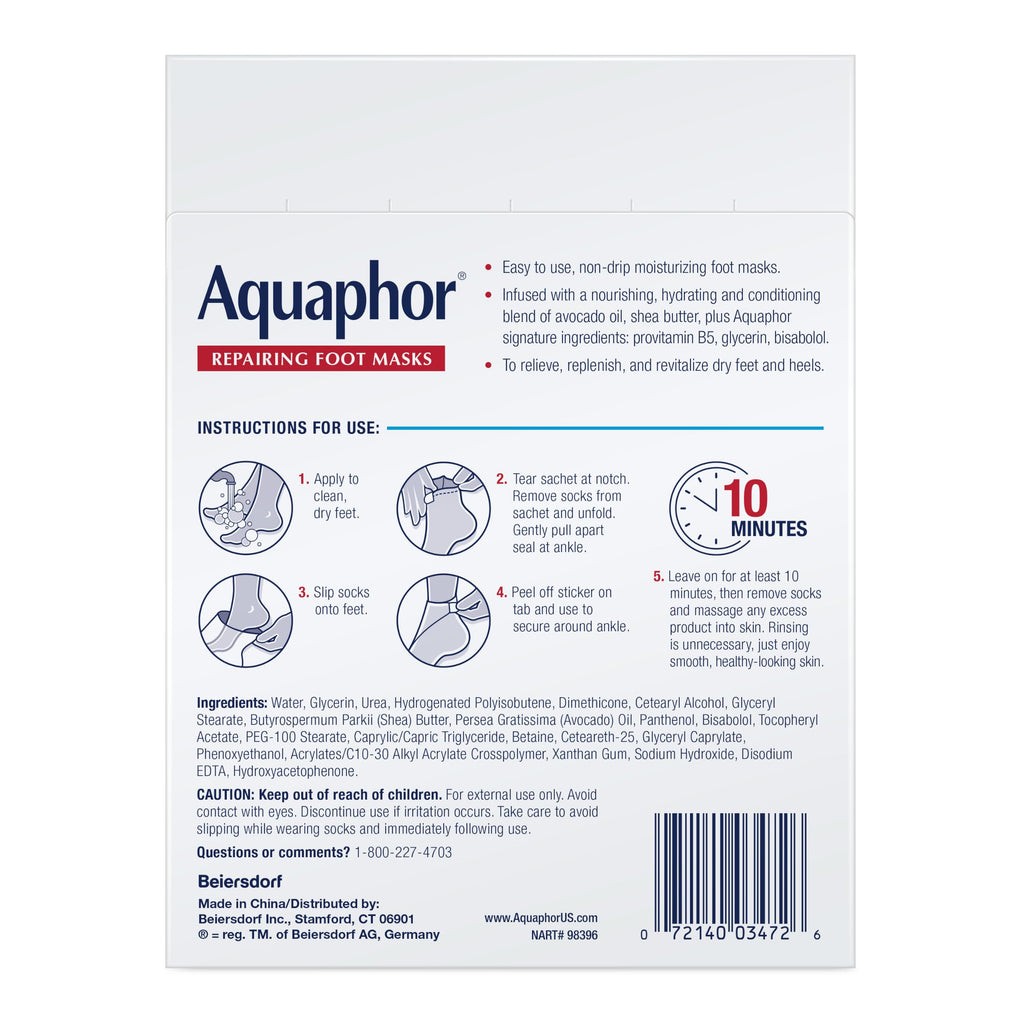 Aquaphor Advanced Therapy Repairing Foot Masks, 6 Masks x 0.7 FL OZ | Moisturizing Socks for Dry Feet, Hydrating Foot Care Treatment with Avocado Oil and Shea Butter, Paraben and Fragrance Free