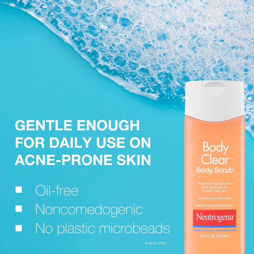 Neutrogena Body Clear Acne Body Wash & Exfoliating Scrub, 8.5 fl oz | 2% Salicylic Acid Cleanser, Chest Shoulder & Back Acne Treatment, Non-Comedogenic, Oil-Free Shower Gel