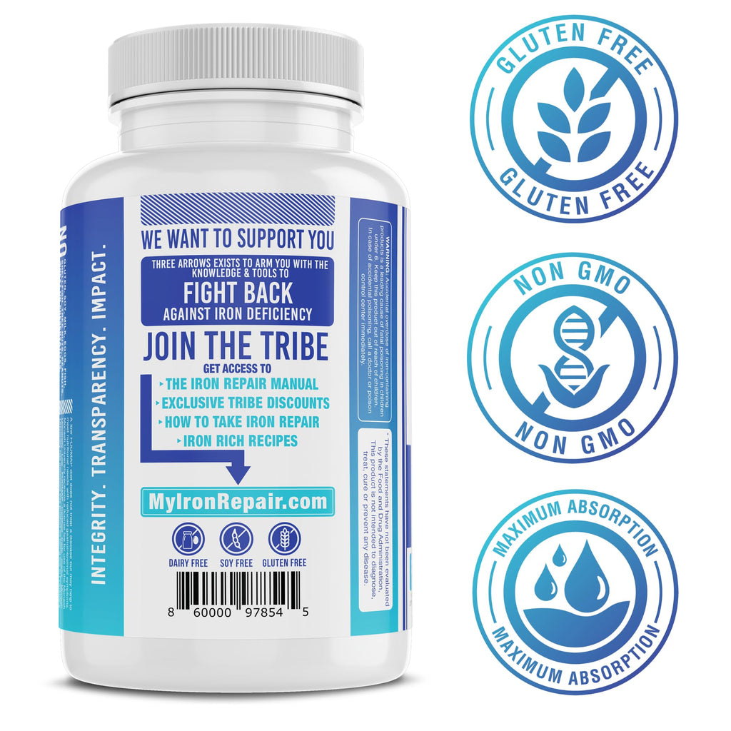 Iron Repair Simply Natural Iron Supplement for Women Men Teens, 90 Capsules | Best absorption, gentle on stomach, Monash Low FODMAP, supports raise Hemoglobin & Ferritin for women, men, teens & pregnancy