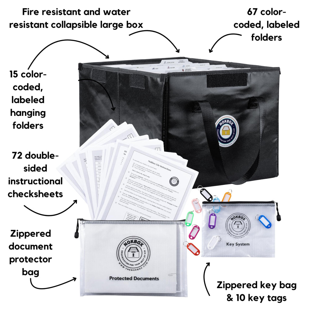 Nokbox Fireproof & Water-Resistant Document Organizer Box — 15 Color-Coded Hanging Folders, 67 Labeled Sub-Folders & Instructions for Estate Planning, Emergency Preparedness & Family Record-Keeping