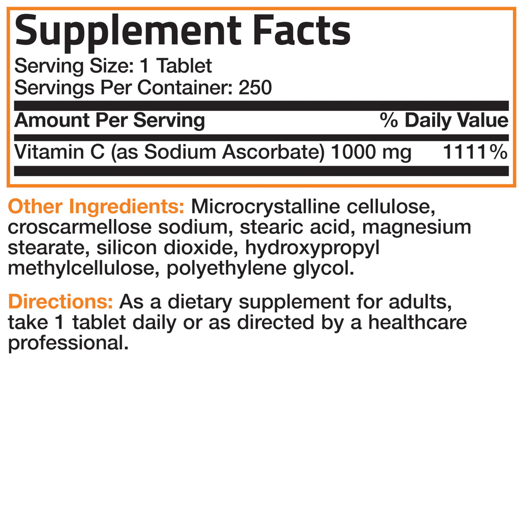 Bronson Non-Acidic Vitamin C 1000 mg as Sodium Ascorbate, 250 Tablets