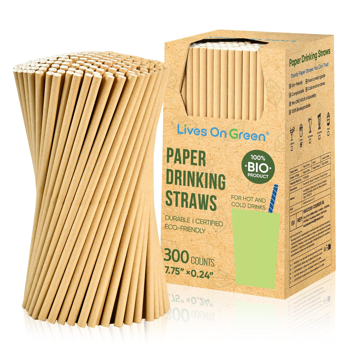 [300 Pack] Brown Paper Straws 7.75" Compostable Drinking Straws Disposable