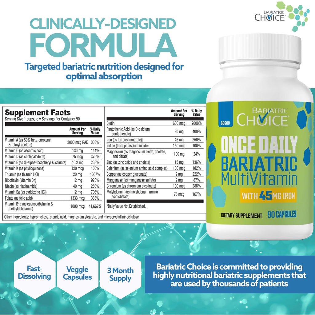Bariatric Choice Once Daily Bariatric Multivitamin with Iron 45mg, 3 Months | 3-Mo Supply, Once Daily Easy-to-Swallow Capsule for Gastric Bypass & Sleeve Patients – High Potency Vitamins A, D, B12, More