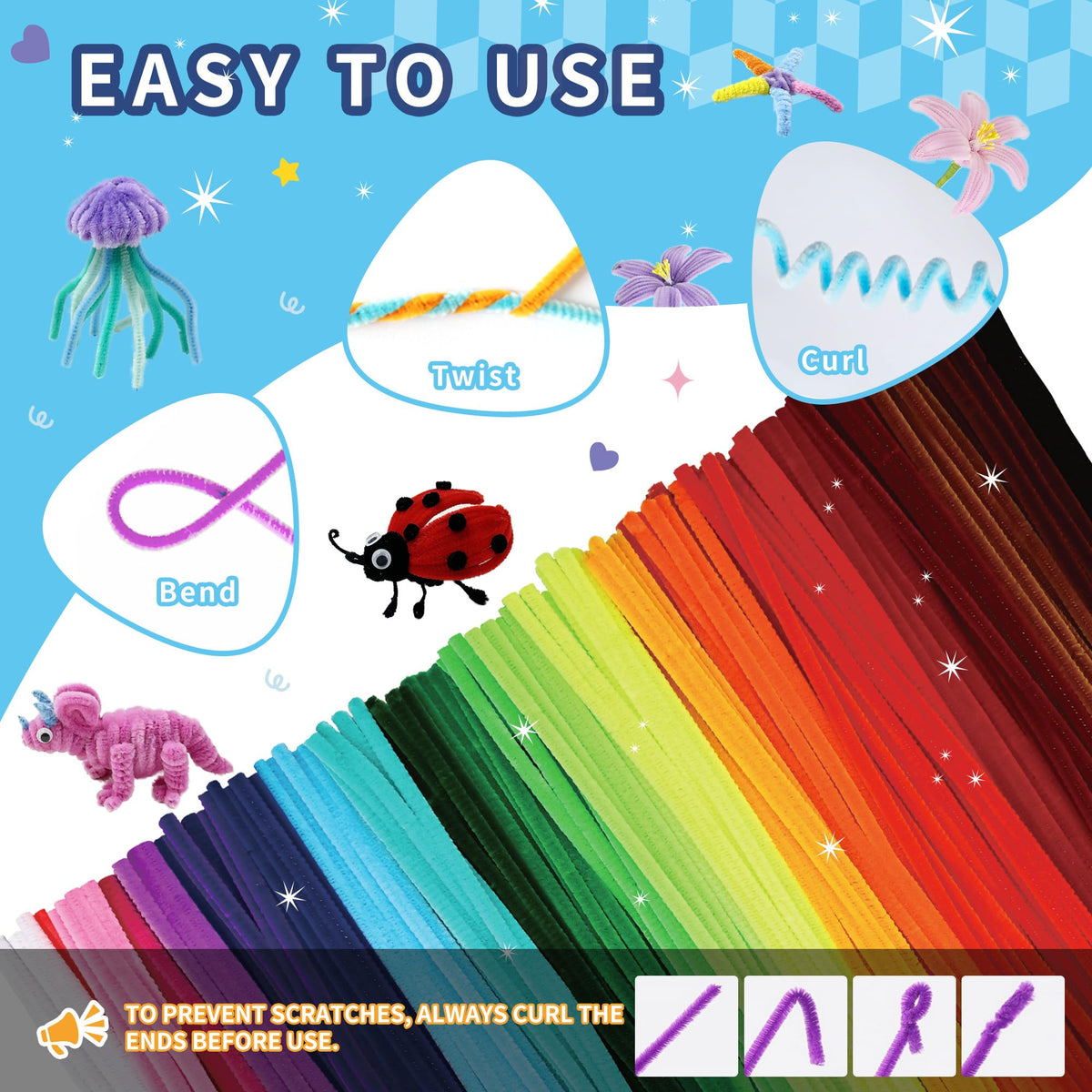 1200 Pcs Chenille Pipe Cleaners for Crafts – 24 Assorted Colors Fuzzy Sticks, DIY Art Supplies for Kids, Classroom Projects & Decorations