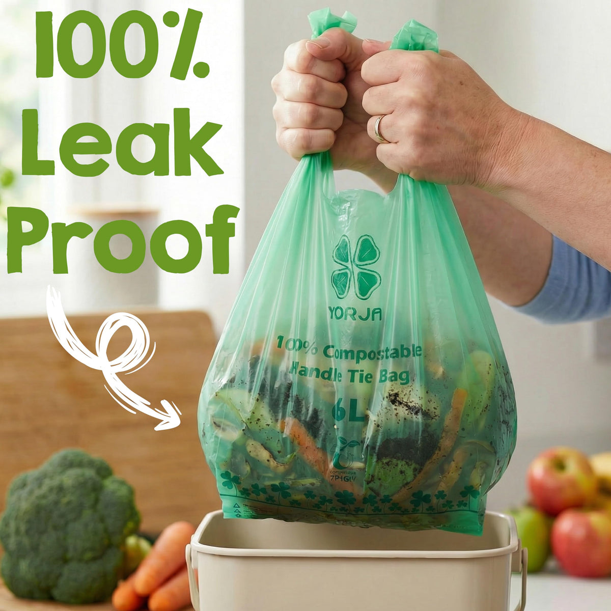 1.6 Gallon Tie Handles Compost Trash Bags 120 Food Scrap Bags, Compostable Kitchen Waste Bags with Europe EN13432 & ASTM D6400 Certified
