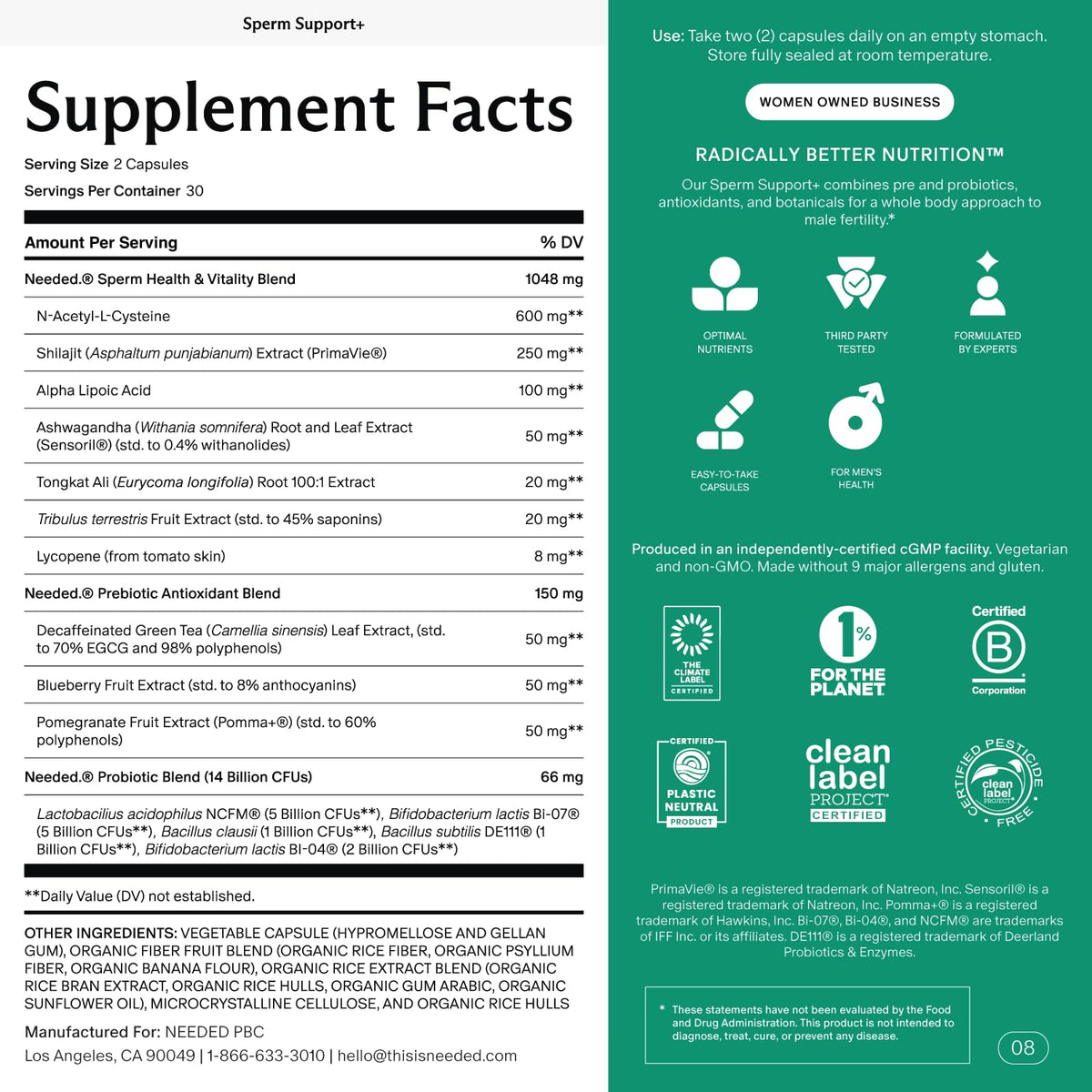 Needed. Sperm Support, 60 Capsules, 30 Day Supply
