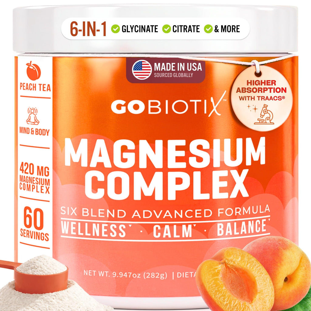 GOBIOTIX Magnesium Glycinate Powder – 6-Form Magnesium Complex: Malate, Citrate & More – Sleep, Stress & Calm Support for Women & Men – High Absorption, Sugar Free – 420mg, 60 Servings (Peach Tea)