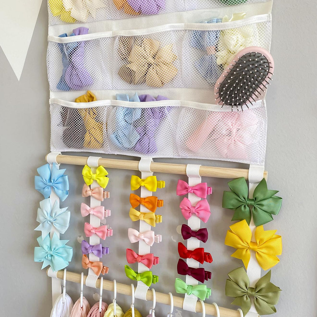 Headband Holder Hair Bows Organizer for Girls, Large Capacity Bow Holder, Pre-Assembled Hair Accessories Wall Hanging Organizer for Toddler Baby Girl Nursery Room Décor