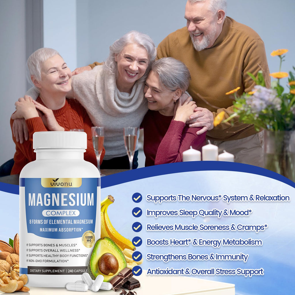 1000mg Magnesium Complex Capsules, 8-in-1 Magnesium Glycinate, Citrate, Malate, Taurate, Oxide, Carbonate, Aspartate, Orotate - 240 Capsules (1 Bottle (240 Capsules))