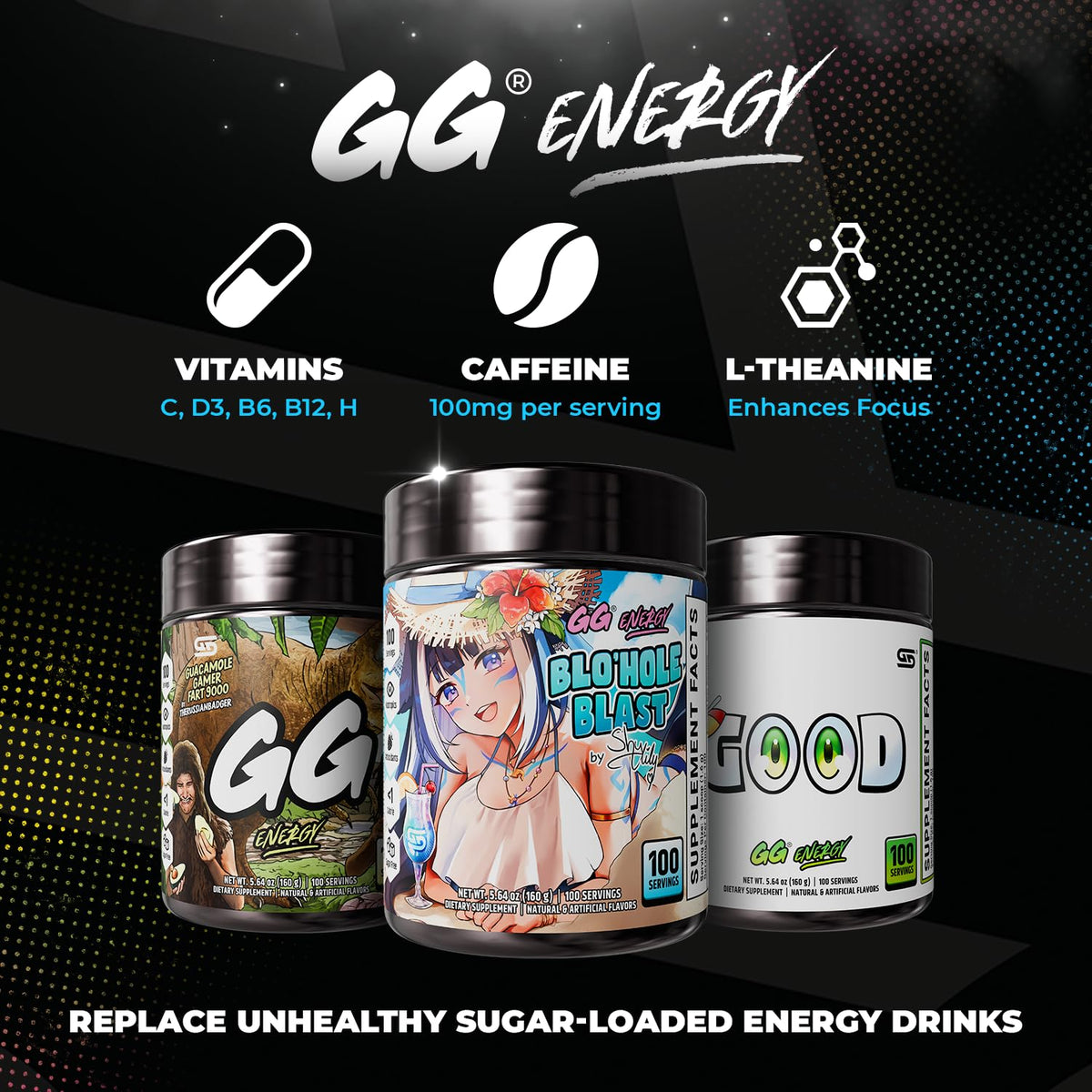 Gamer Supps GG Energy - Blo'hole Blast by Shylily (100 Servings) - Keto Friendly Gaming Energy and Nootropic Blend, Sugar Free + Caffeine + Vitamins + Immune Support, Powder Drink