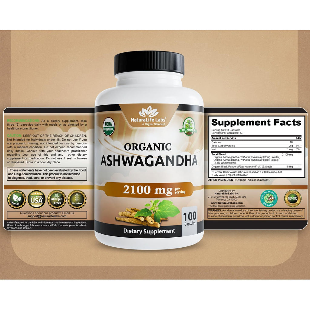 NaturaLife Labs Organic Ashwagandha 2100 mg per Serving – Full Spectrum Root Powder and Standardized Extract (Withanolides) – 100 Capsules – Vegan – Non-GMO, Gluten-Free
