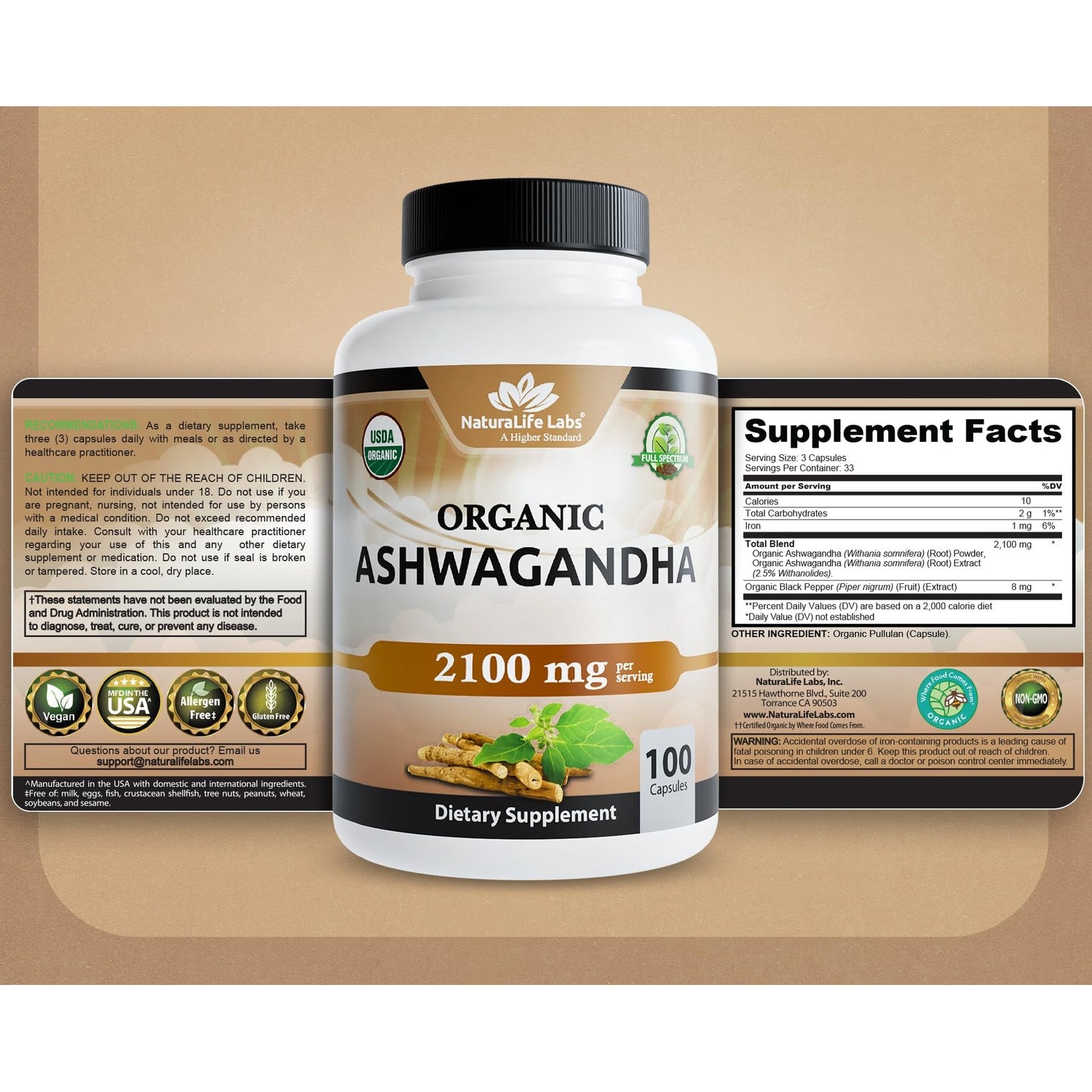 NaturaLife Labs Organic Ashwagandha 2100 mg per Serving – Full Spectrum Root Powder and Standardized Extract (Withanolides) – 100 Capsules – Vegan – Non-GMO, Gluten-Free