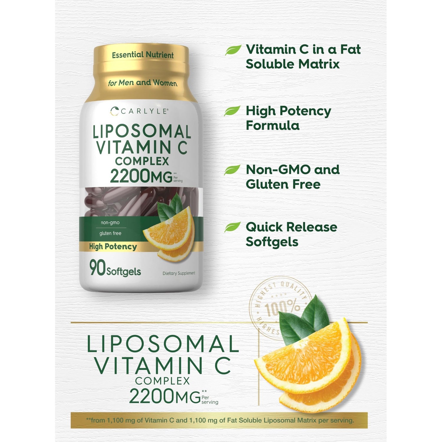 Carlyle Liposomal Vitamin C | 2200mg | 90 Softgel Capsules | High Potency Complex Supplement | Non-GMO, Gluten Free Packaging May Vary