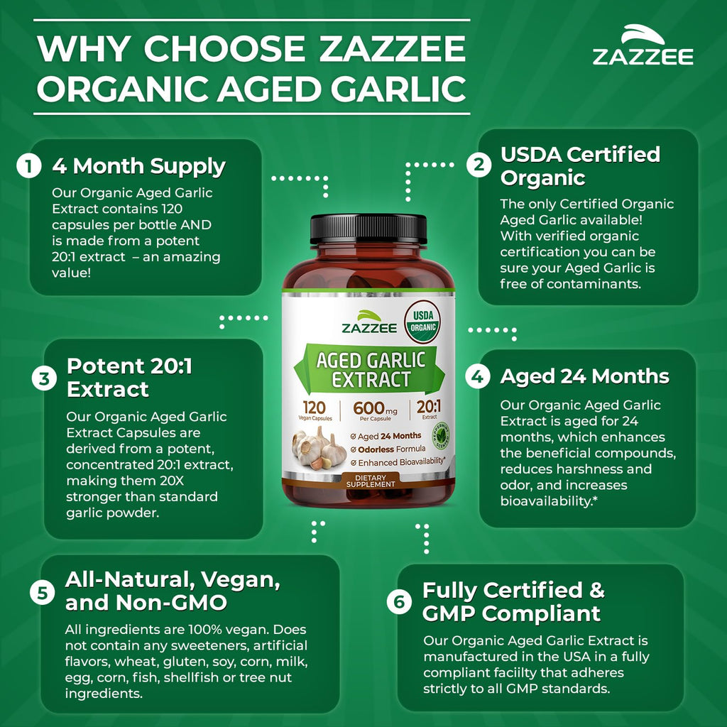 Zazzee USDA Organic Aged Garlic 20:1 Extract, Aged 24 Months, Odorless