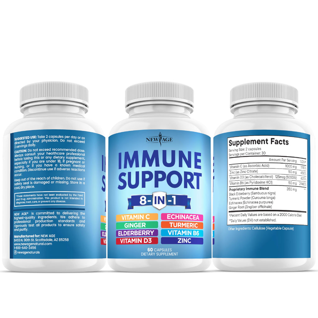 8 in 1 Immune Support Booster Supplement with Echinacea, Vitamin C and Zinc 50mg, Vitamin D 5000 IU, Turmeric Curcumin & Ginger, B6, Elderberry (8 in 1 Capsules (Pack of 3))