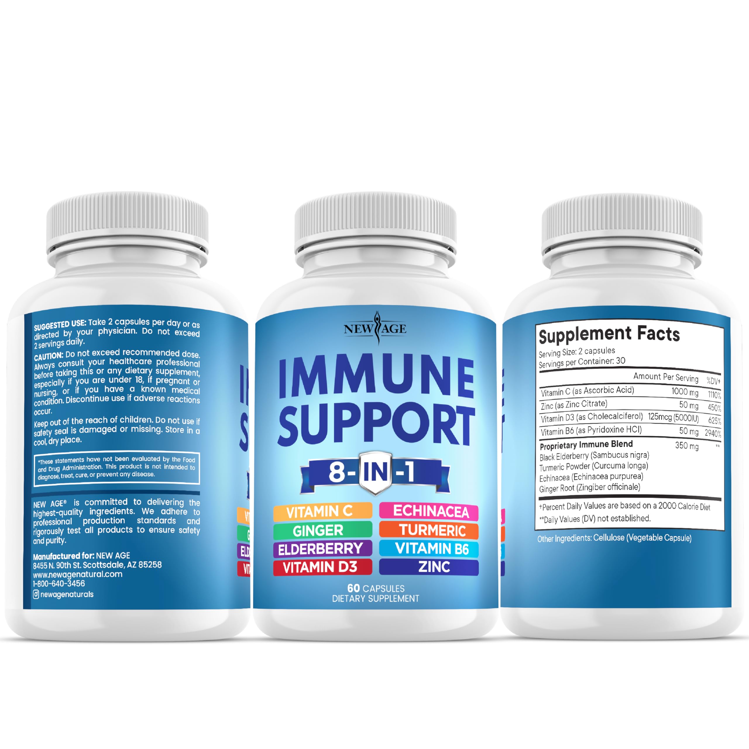 8 in 1 Immune Support Booster Supplement with Echinacea, Vitamin C and Zinc 50mg, Vitamin D 5000 IU, Turmeric Curcumin & Ginger, B6, Elderberry (8 in 1 Capsules (Pack of 3))