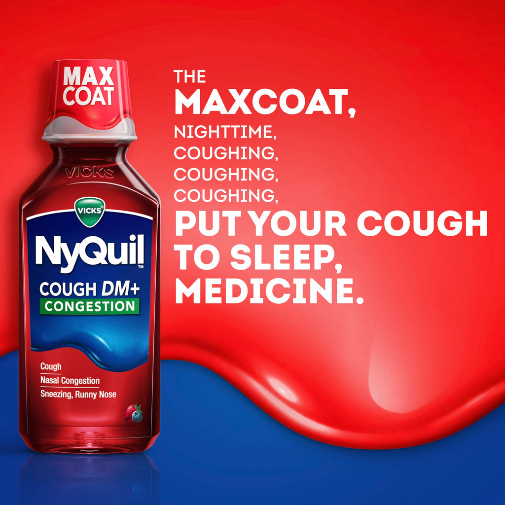 Buy now Vicks NyQuil Cough DM+ Congestion Relief Liquid Medicine, Maximum Strength Multi-Symptom Nighttime Relief for Cough, Nasal Congestion, Sneezing and Runny Nose, Cherry Flavor, 12 FL OZ at indiglob india