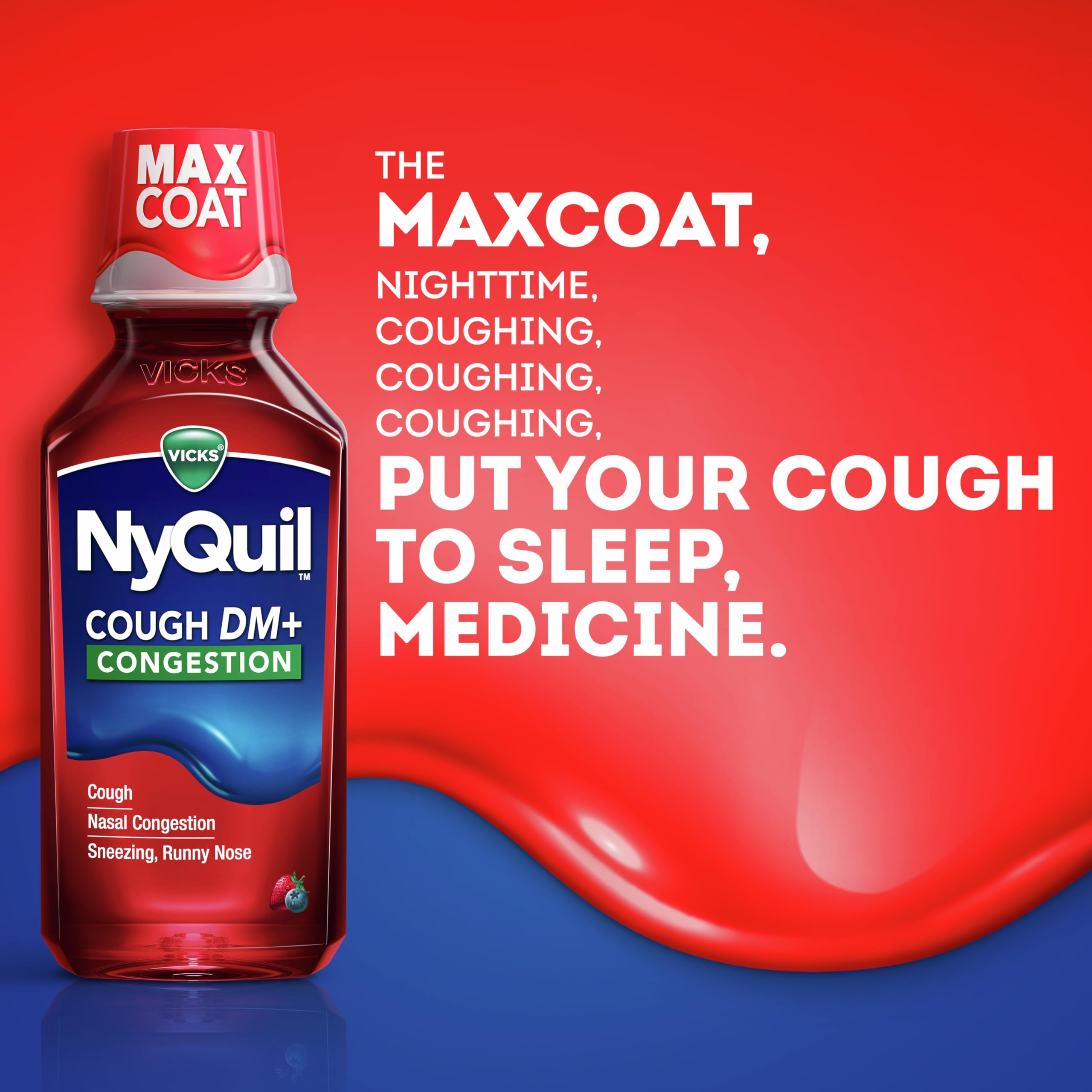 Buy now Vicks NyQuil Cough DM+ Congestion Relief Liquid Medicine, Maximum Strength Multi-Symptom Nighttime Relief for Cough, Nasal Congestion, Sneezing and Runny Nose, Cherry Flavor, 12 FL OZ at indiglob india